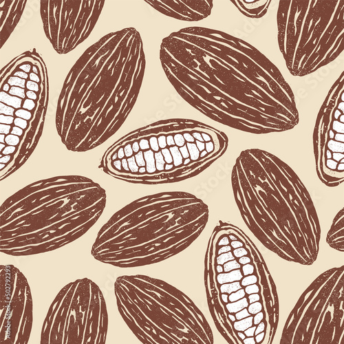 Cacao beans and cacao fruit background. Seamless pattern. Textured vintage illustration. Vector illustration