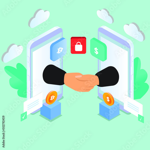 Bitcoin and dollar exchange app on cellphone isometric 3d vector illustration concept for banner, website, illustration, landing page, flyer, etc.