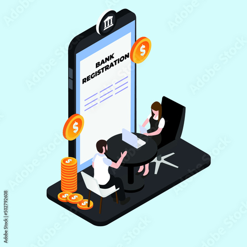 Opening bank account online using mobile phone isometric 3d vector illustration concept for banner, website, illustration, landing page, flyer, etc.