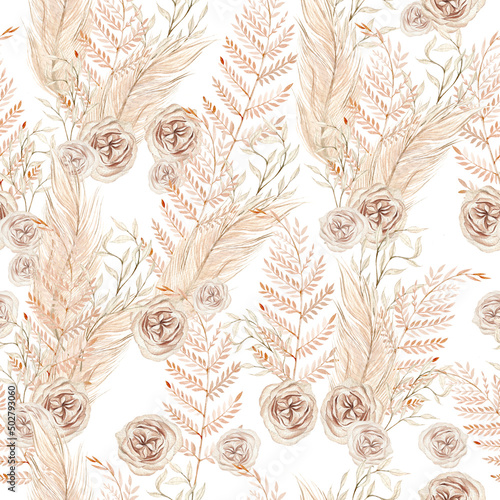 Φωτογραφία Watercolor boho seamless pattern with hand painted rose flowers, leaves, branches of pampas