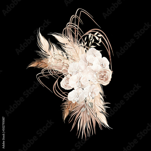 Canvas Print Watercolor  wedding boho bouquet with hand painted tropical flowers  orchid and dried palm leaves, branches of pampas and rose flowers