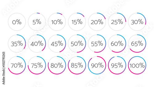 5 10 15 20 25 30 35 40 45 50 55 60 65 70 75 80 85 90 95 100 0 percent pie charts. Vector percentage infographics. Isolated gradient icons for download, business, finance, design