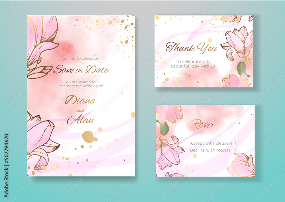 Wedding floral invitation in watercolor and pastel. Magnolias and pink splashes, spots. Save the date, thanks. RSVP card design. Golden pale pink flowers. Vector art template set