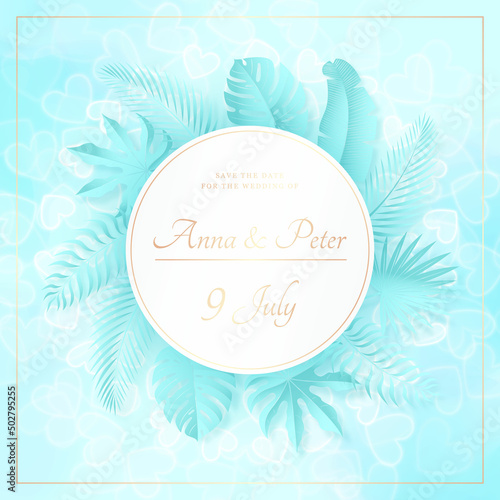 Tropical turquoise wedding banner with shiny hearts