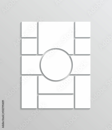 Photo collage frames. Moodboard layout. Mood board template. Mosaic pictures grid. Album brandboard. Gallery presentation images background. Organised portfolio with circle. Vector illustration