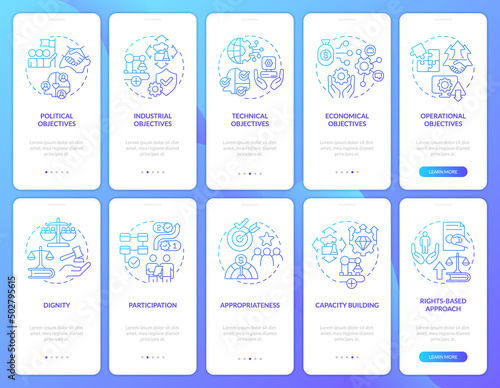International cooperation blue gradient onboarding mobile app screen set. Walkthrough 5 steps graphic instructions pages with linear concepts. UI, UX, GUI template. Myriad Pro-Bold, Regular fonts used