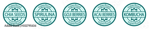 Set of superfood stamps: chia seeds, spirulina, goji berries, acai berries and kombucha. Antioxidants and vitamins natural source