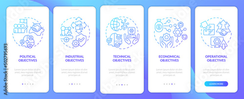 World cooperation objectives blue gradient onboarding mobile app screen. Walkthrough 5 steps graphic instructions pages with linear concepts. UI, UX, GUI template. Myriad Pro-Bold, Regular fonts used