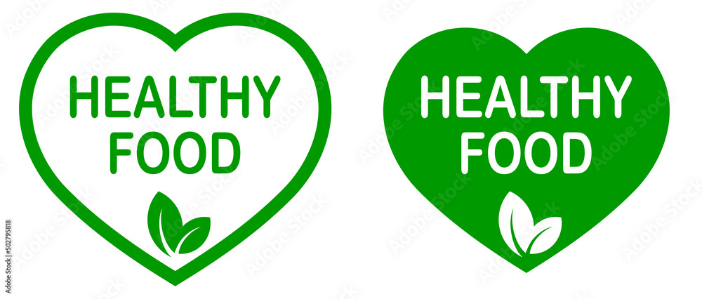 Healthy food heart-shaped icon. Green logo or stamp. Superfood. Plant-based diet. Organic product Healthy food heart-shaped icon. Green logo or stamp. Superfood. Plant-based diet. Organic product