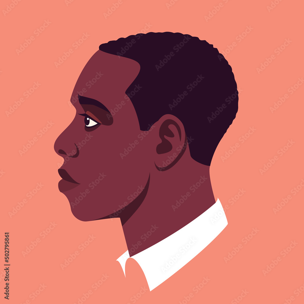 Young african man face side view. Portrait of serious student. Avatar of guy for social networks. Abstract male portrait in profile. Stock vector isolated illustration in flat style. Young african man face side view. Portrait of serious student. Avatar of guy for social networks. Abstract male portrait in profile. Stock vector isolated illustration in flat style.