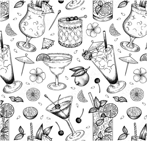Sketch drawing pattern of Summer alcoholic cocktails isolated on white background. Engraved drink wallpaper. Mint, lemon, pineapple, lime, Pina Colada, Tequila Sunrise, Milkshake. Vector illustration.