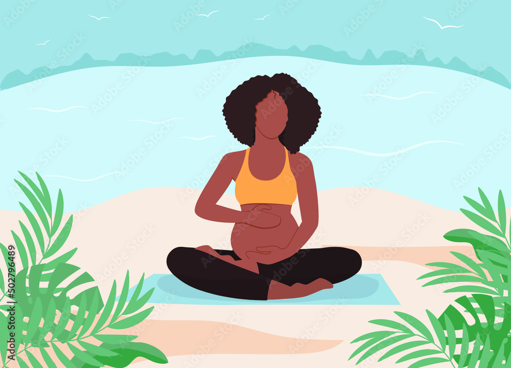 African American pregnant woman meditating in nature, a meditation on the beach. Healthy lifestyle, open-air workout, yoga class. Vector illustration