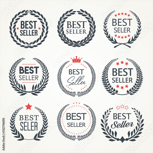 Collection of best seller award label icon design with laurel wreath