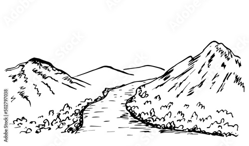 Simple black outline vector drawing. Mountain landscape, wild nature. River valley, gorge. Sketch in ink. Travel and tourism.