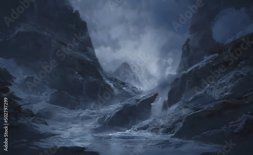 Fantastic Winter Epic Magical Landscape of Mountains. Celtic Medieval forest. Frozen nature. Glacier in the mountains. Mystic Night Valley. Artwork sketch. Gaming background. Book Cover and Poster.