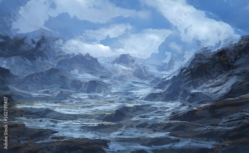 Fantastic Winter Epic Magical Landscape of Mountains. Celtic Medieval forest. Frozen nature. Glacier in the mountains. Mystic Night Valley. Artwork sketch. Gaming background. Book Cover and Poster.