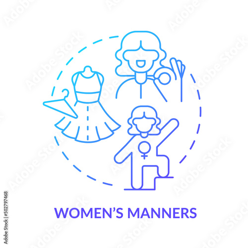 Women manners blue gradient concept icon. Elegant and strong woman. Ethical code. Social etiquette abstract idea thin line illustration. Isolated outline drawing. Myriad Pro-Bold font used