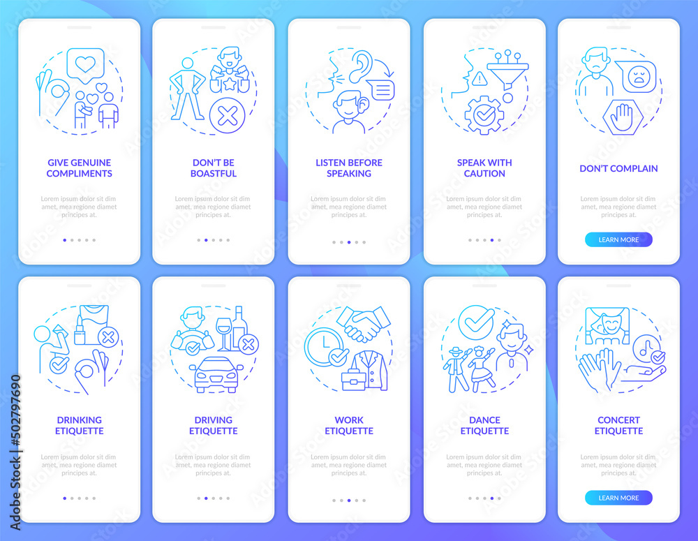 Etiquette blue gradient onboarding mobile app screen set. Basic rules walkthrough 5 steps graphic instructions pages with linear concepts. UI, UX, GUI template. Myriad Pro-Bold, Regular fonts used Etiquette blue gradient onboarding mobile app screen set. Basic rules walkthrough 5 steps graphic instructions pages with linear concepts. UI, UX, GUI template. Myriad Pro-Bold, Regular fonts used