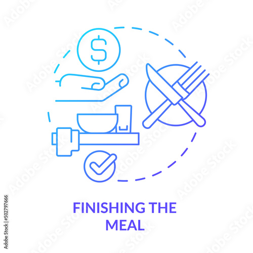 Finishing meal blue gradient concept icon. Place knife and fork properly. Restaurant etiquette abstract idea thin line illustration. Isolated outline drawing. Myriad Pro-Bold font used