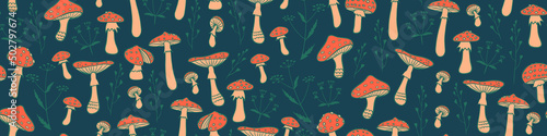 Seamless pattern with fly agaric mushroom and wild grass. Vector illustration.