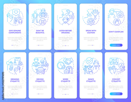 Etiquette blue gradient onboarding mobile app screen set. Basic rules walkthrough 5 steps graphic instructions pages with linear concepts. UI, UX, GUI template. Myriad Pro-Bold, Regular fonts used