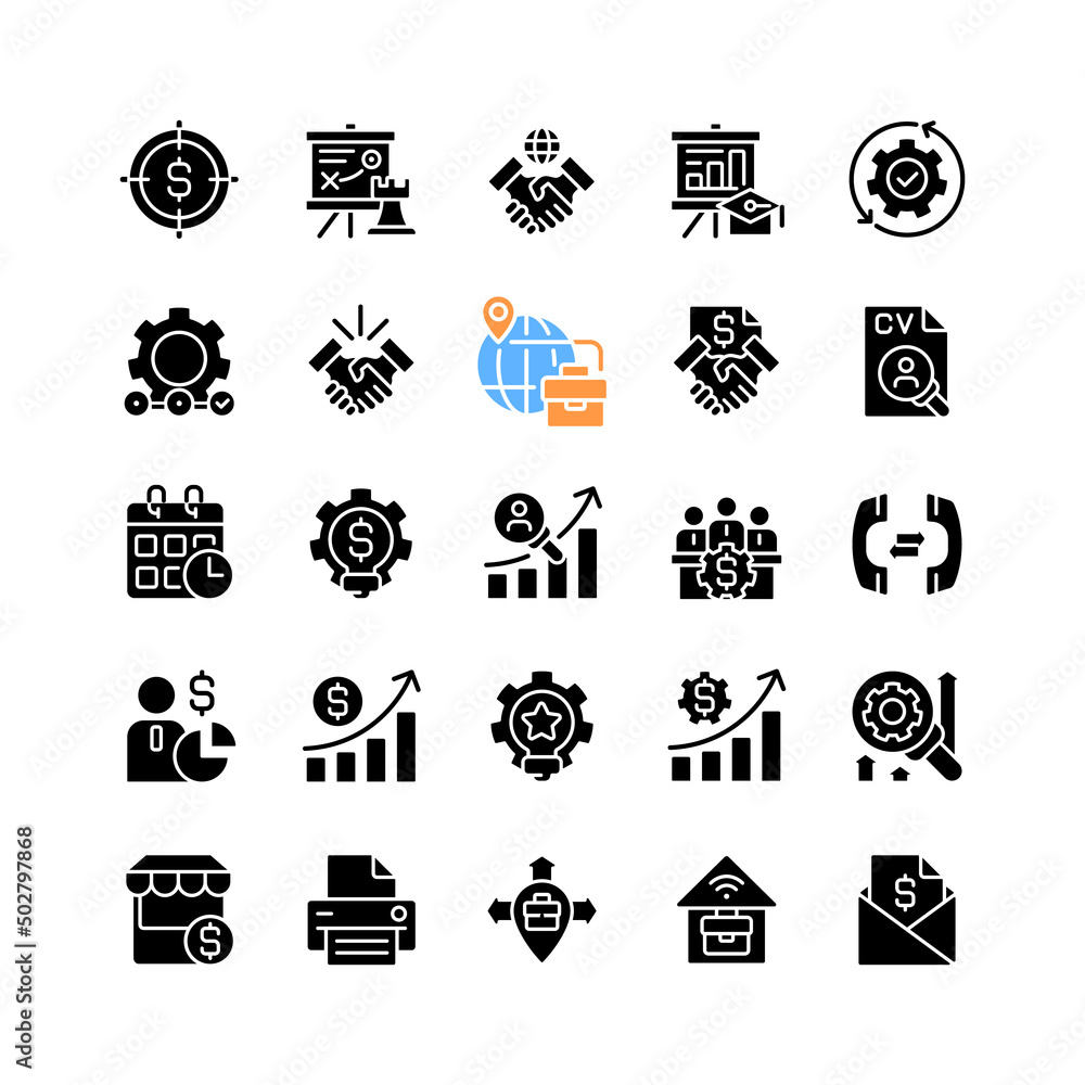 Business management black glyph icons set on white space. Marketing and sales. Corporate finance. Company growth and improvement. Silhouette symbols. Solid pictogram pack. Vector isolated illustration