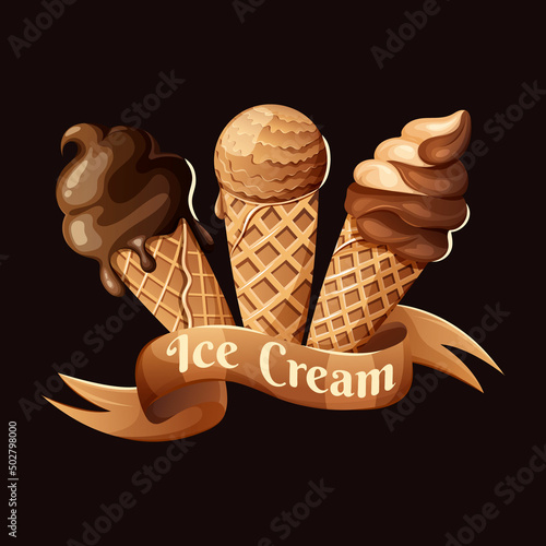 A set of ice cream in a waffle cone on a dark background with a ribbon. Chocolate, vanilla, caramel. Sweets vector illustration on isolated transparent background for banner, poster, advertisement
