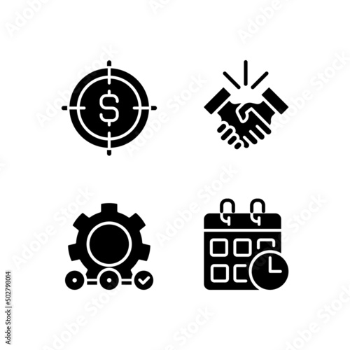 Successful business startup black glyph icons set on white space. Financial goal. Supply chain. Events calendar. Deal making. Silhouette symbols. Solid pictogram pack. Vector isolated illustration