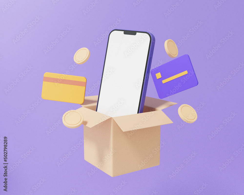 Brown box or open present parcel mobile card coins floating on purple background. shopping delivery logistic concept. minimal cartoon discount, promotion, sale, 3d render illustration Brown box or open present parcel mobile card coins floating on purple background. shopping delivery logistic concept. minimal cartoon discount, promotion, sale, 3d render illustration