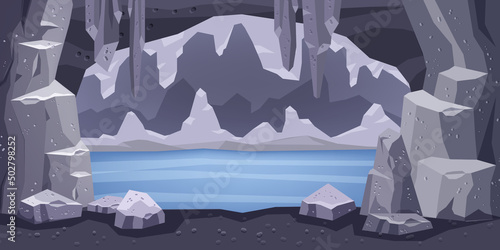 Cartoon cave background, vector underground lake landscape, cavern gray stalagmite, rock, water. Fantasy mine illustration, pre-historic dungeon cliff, dangerous grotto river. Cave background frame