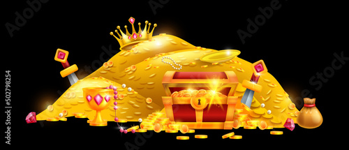 Gold treasure vector cartoon illustration, medieval coin pile, pirate full money trunk, king crown. Secret ancient chest, fantasy adventure game trophy, hidden dungeon wealth. Gold treasure clipart