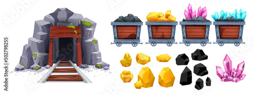 Gold mine cart set, vector old diamond wagon kit, full coil trolley, nugget truck, diamond crystal stone. Cave entrance, gray rock, iron rail, game mountain minerals collection. Gold mine treasure photo