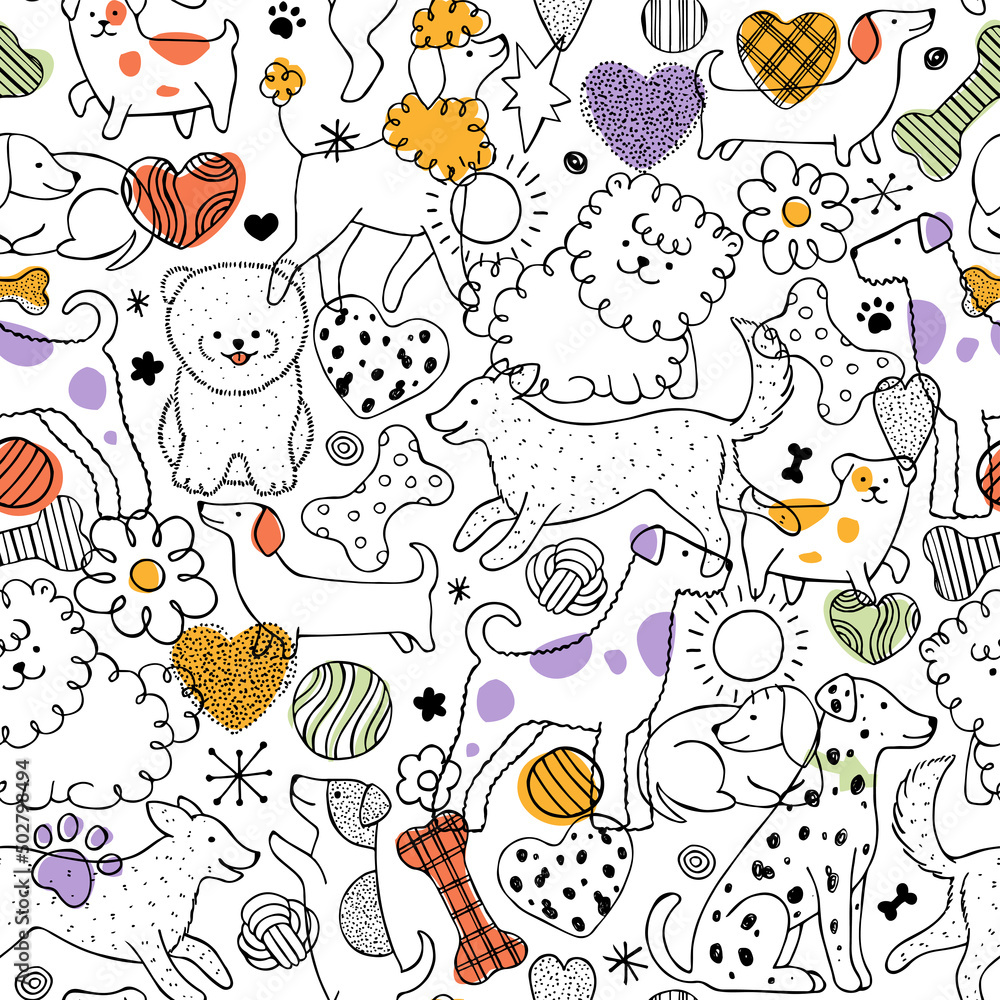 Dogs and elements seamless pattern. Linear graphic. Scandinavian minimalist style. Dogs and elements seamless pattern. Linear graphic. Scandinavian minimalist style.