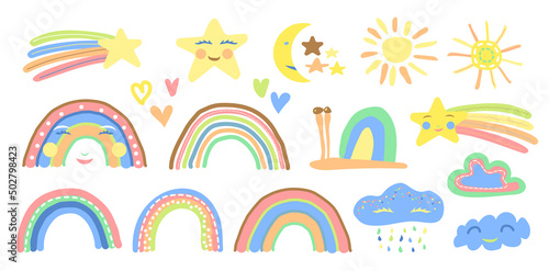 Children Rainbow, Sun, Cloud, Snail, Star and Heart Pastel Hand Drawn Vector Illustration
