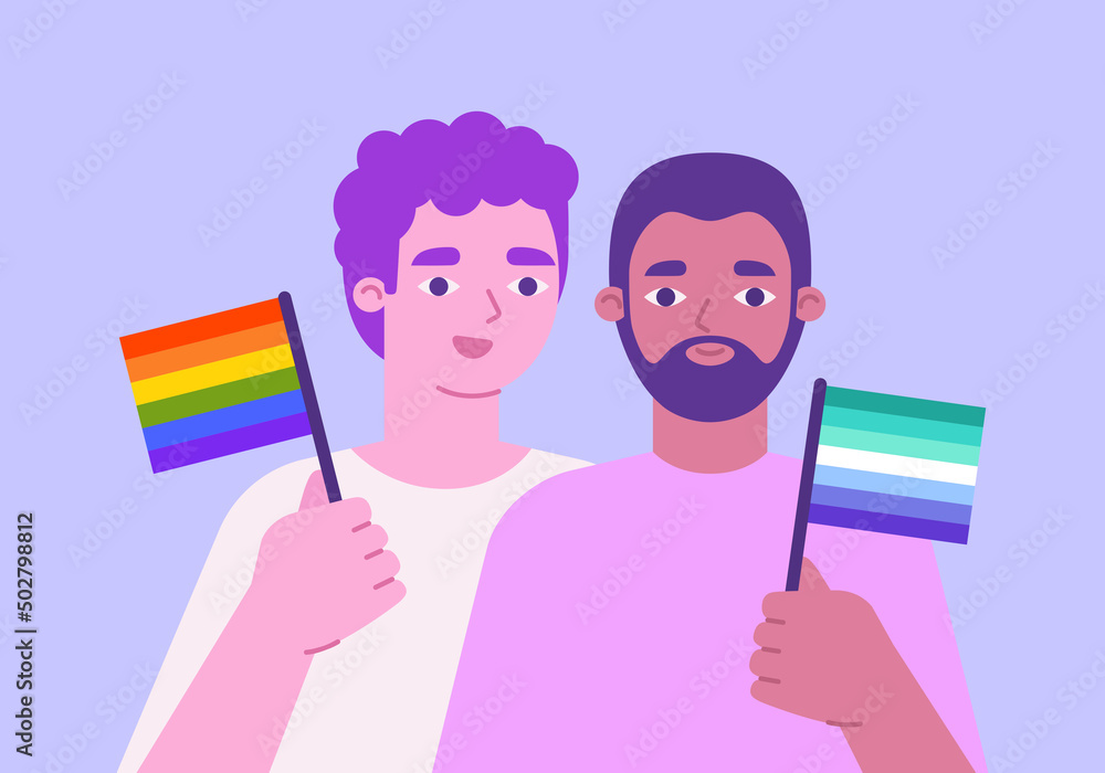 Pride month celebration. Men holding LGBTQI flags