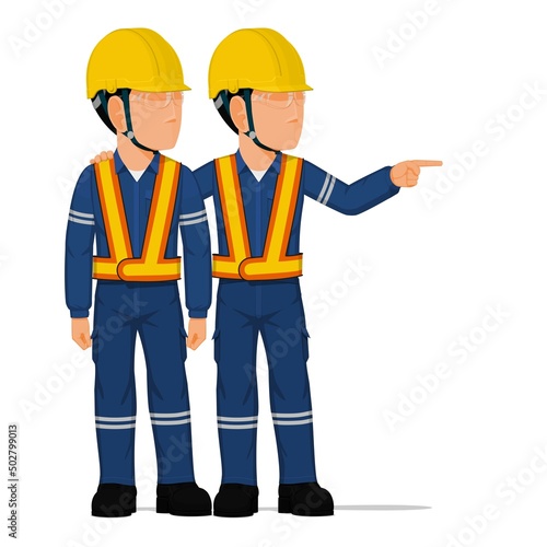 A worker is telling his friend to look at something