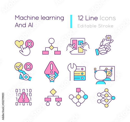 Machine learning and AI RGB color icons set. Artificial intelligence. Data collection and processing. Isolated vector illustrations. Simple filled line drawings collection. Editable stroke