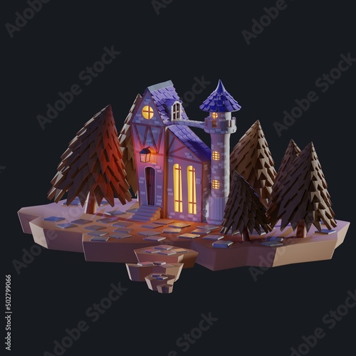 3d illustration of a night castle among the trees