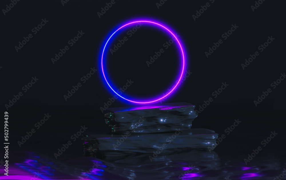 Abstract background neon light and laser glowing round frame in dark background, geometric rock and stone shape in water with waves, product presentation show on podium blank template, 3D rendering Abstract background neon light and laser glowing round frame in dark background, geometric rock and stone shape in water with waves, product presentation show on podium blank template, 3D rendering