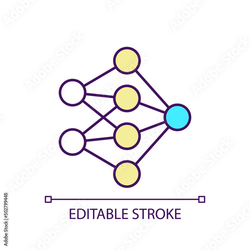 Neural network RGB color icon. Node and cells connection. Schematic deep learning. Machine algorithm. Isolated vector illustration. Simple filled line drawing. Editable stroke. Arial font used