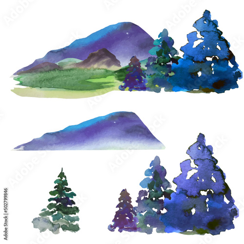mountains and hills watercolor drawing, abstract natural backgroundmountains and hills watercolor drawing, abstract natural background