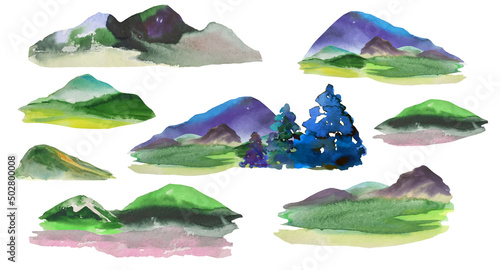 mountains and hills watercolor drawing, abstract natural background