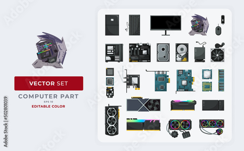 Computer hardware colorful vector illustrations set. Motherboard, SSD, processor, adapter, cooler fan,  power supply, ports and cables, gaming PC collection parts. photo