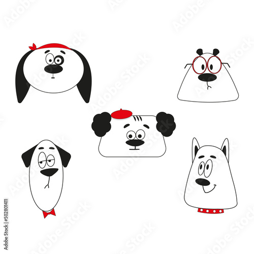 Set of funny dog faces with red acsessorises