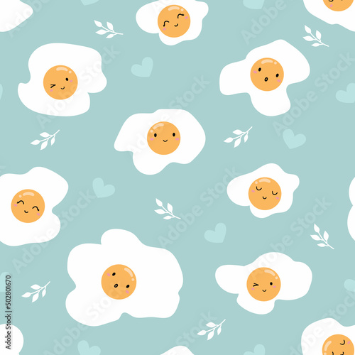 Seamless pattern of fried egg on blue background. Cute cartoon character design. Design for scrapbooking  background  wallpaper  wrapping  fabric and all your creative projects. Vector Illustration