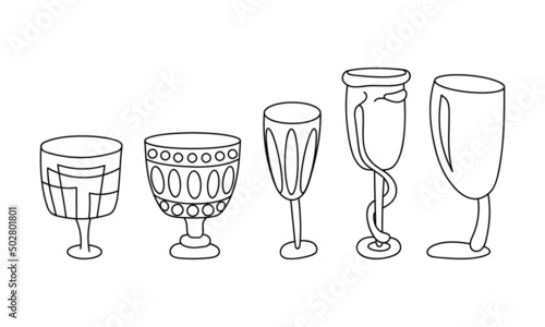 Vector set of goblet. Vintage style. Coloring book.Hand drawn.