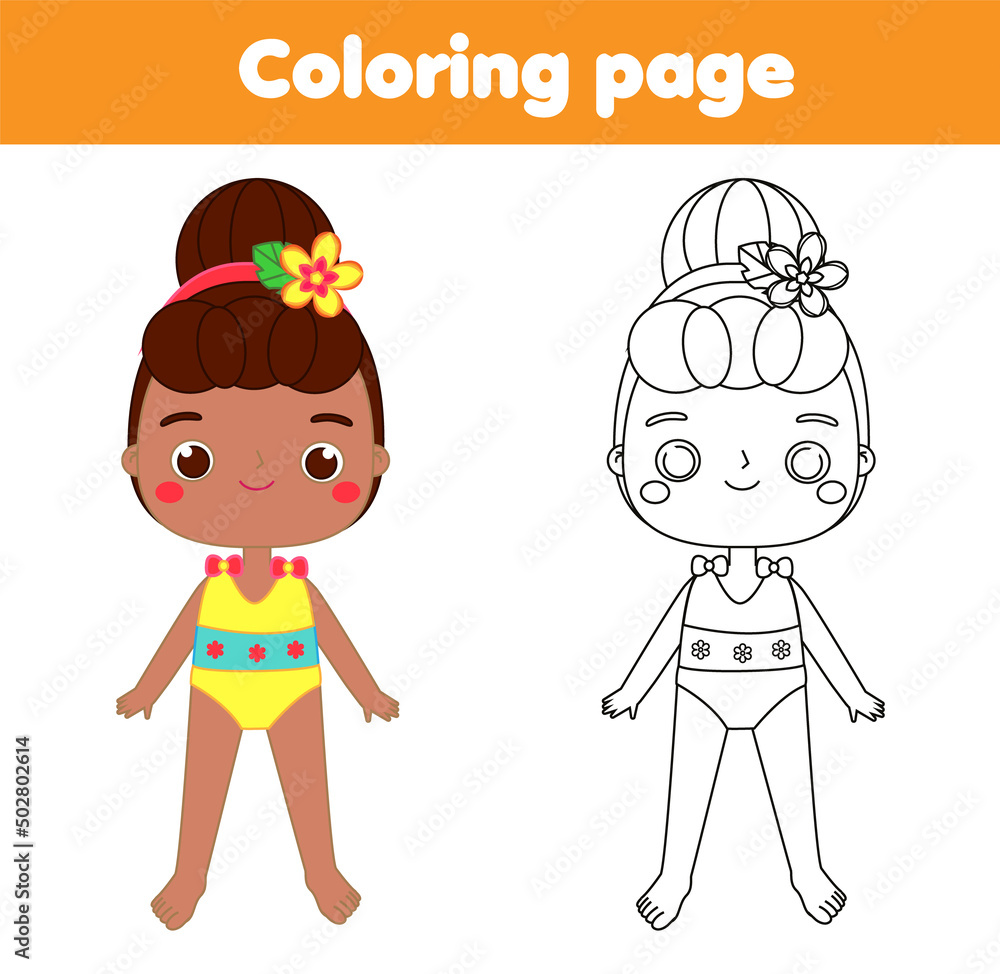 Coloring page with african american girl in swimsuit. Drawing kids