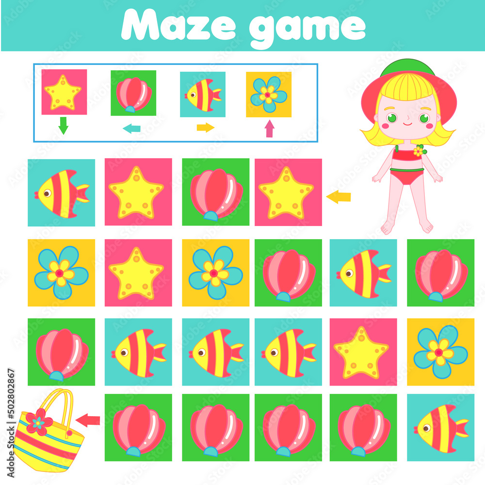 Maze game. Labyrinth with navigation. Help girl find tote bag