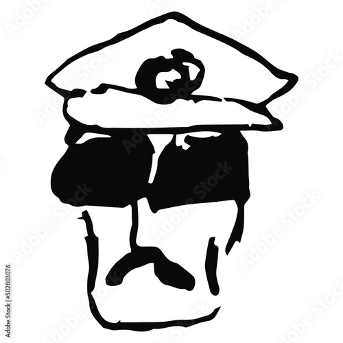 Head of a military man with mustache wearing a cap and sunglasses. Hand drawn linear doodle rough sketch. Black silhouette on white background.