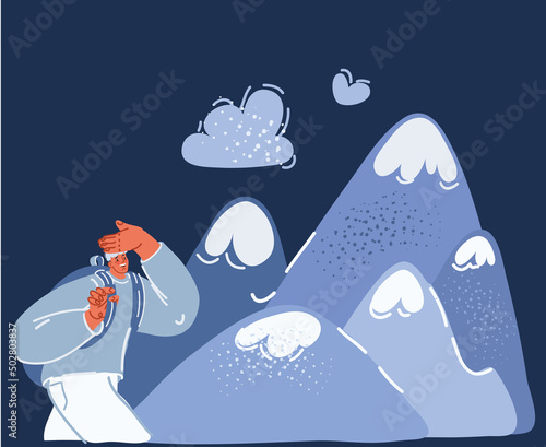 Cartoon vector illustration of man hiker enjoying the view beautiful landscape of mounting. Goal to achieve